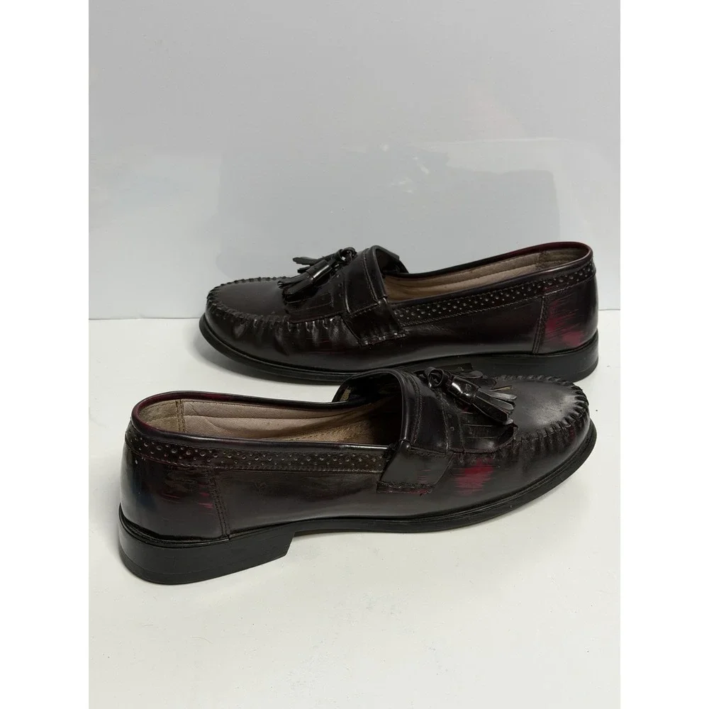 BASS Men's Loafers US Size 9W Black 100% Leather Tassel Slip-On Burgundy C-4